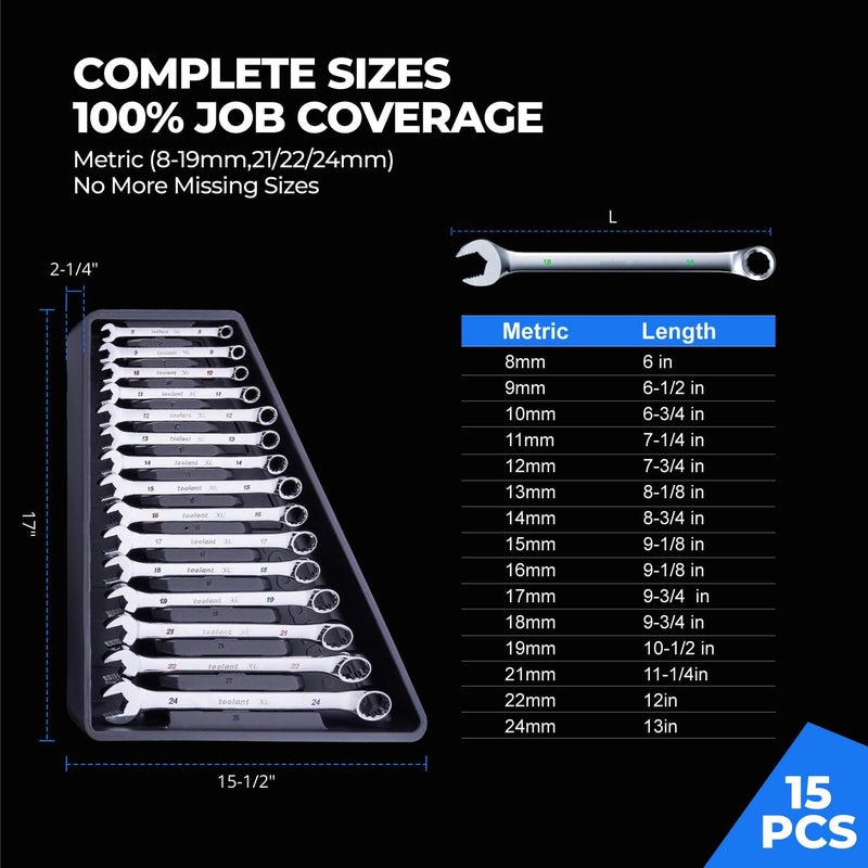 toolant Max Grip 15pcs Professional Metric Combination Wrench Set with Long Pattern Offset Heads Anti-Slip Teeth & Color-Coded Markings for Machinist, Auto, maintenance, DIYer - Image 2